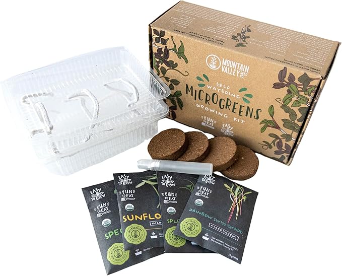 Self-Watering Indoor Microgreens Kit – Complete Soil-Based Growing Set for Vegetable and Herb Microgreens – Includes Black Sunflower, Pea Shoots, Swiss Chard, and Cilantro Seeds