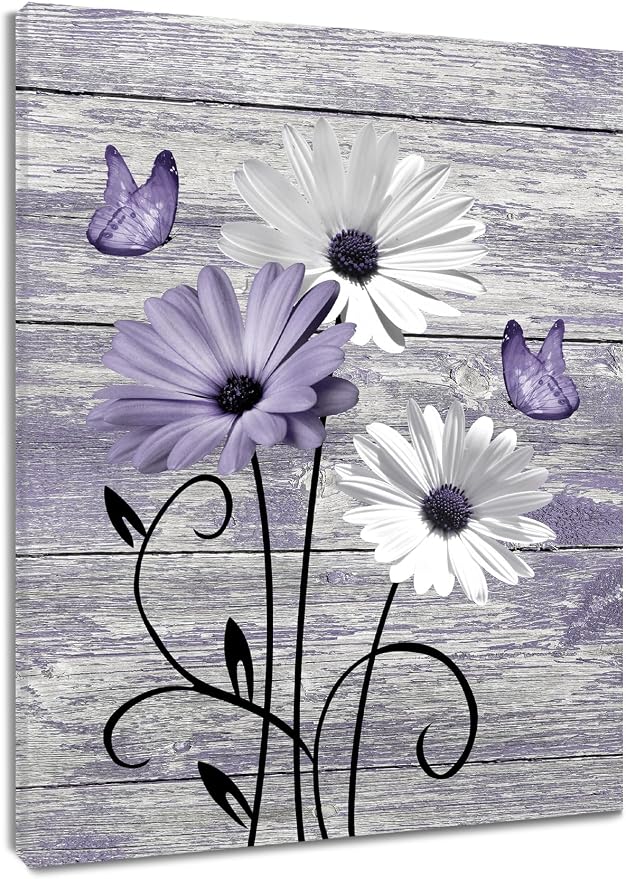 MYUSRE Vintage Floral Purple Canvas Wall Art Farmhouse Daisy and Butterfly on Wooden Pictures Wall Decor Country Wildflower Framed Wall Art for Living Room Bedroom Bathroom Home Decor, 20L X 16W inches