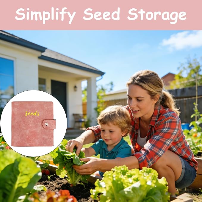 Seed Storage Organizer Binder, Leather Seed Packet Organizer with 50 Clear Pockets(25 Pack Sheet Sleeves) and 50 Pack Seed Envelopes, Garden Seed Holder Book, Pink Flower Plant Seed Keeper