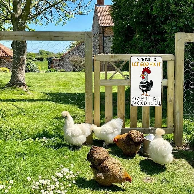 Vintage Tin Sign I'm Going To Let God Fix It Chicken Metal Signs Funny Wall Decor for Farmhouse Kitchen Chicen Coop Home Outdoor 12×8 Inch