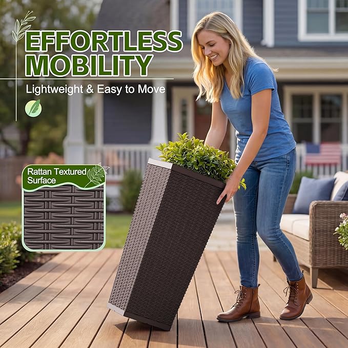 Devoko Resin Tall Planters for Outdoor Plants Set of 2, Large Taper Outdoor Planter Pots with 4 Drainage Holes, Flower Pots Modern Decor for Porch, Patio, Backyard, Home Garden (Brown, 30'')