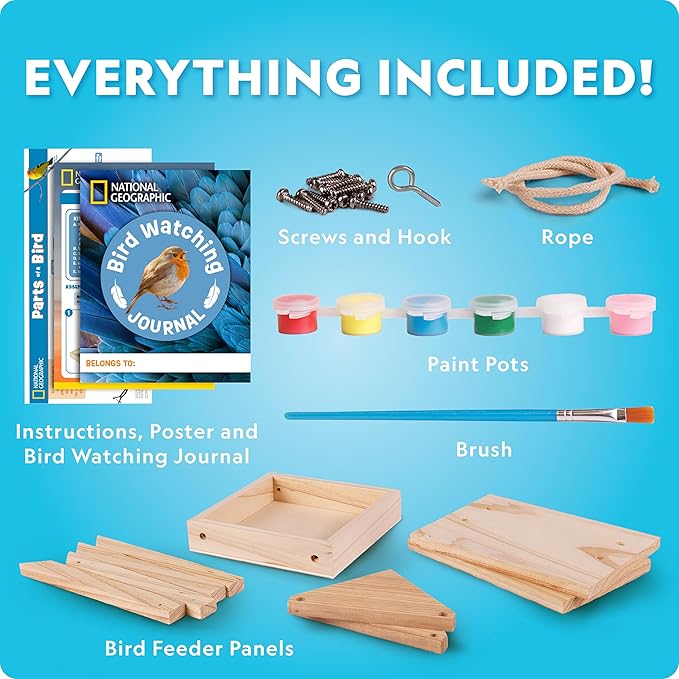 National Geographic Build Your Own Bird Feeder Craft Kit for Kids 6+ – DIY Wooden Feeder Craft with Paints, Brush, Bird-Watching Journal & Educational Poster for Kids, Outdoor Crafts, Bird Watch Kit