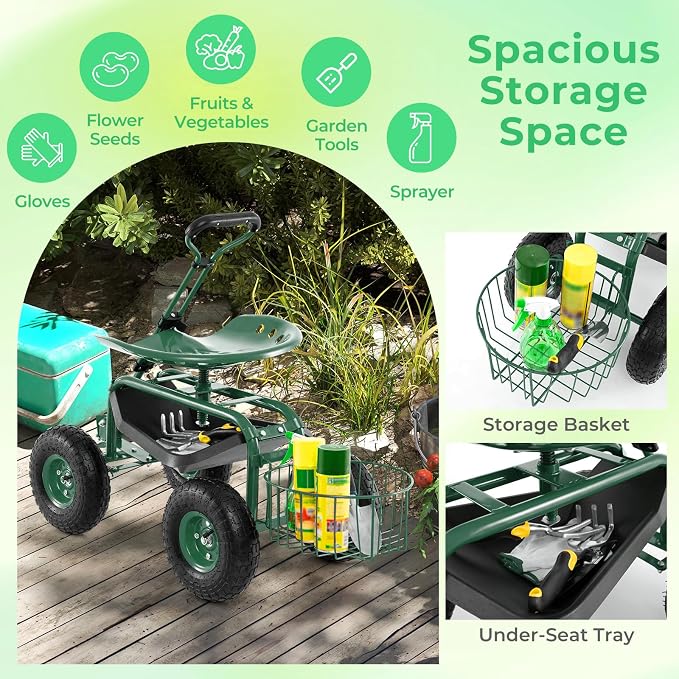 DORTALA Heavy Duty Garden Cart Work Seat w/360 Swivel Seat and Storage Basket, 4-Wheel Rolling Planting Cart w/Tool Tray Extendable Steering Handle Height Adjustable Seat for Gardening, Green
