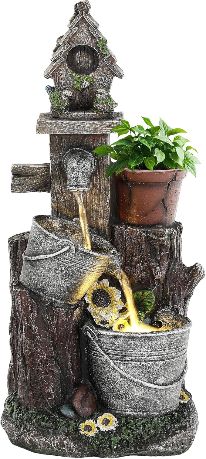 20" 3-Tier Resin Birdhouse Water Fountain, Pastoral Cascading Bucket Water Feature with LED Lights, Soothing Outdoor Fountain for Patio Backyard Garden Porch