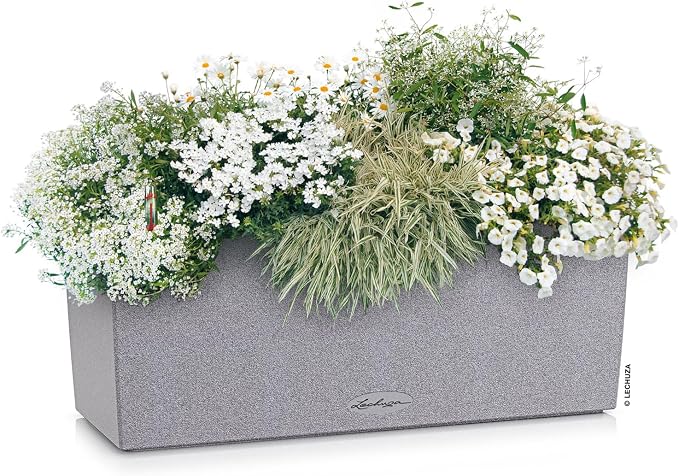 Lechuza BALCONERA Stone 50 Stone Grey, Self-Watering Window Box (Railing Planter), H7.5 L19.7 W7.5 in