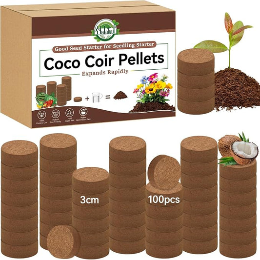 Halatool 100 Pcs Coco Coir Pellets, Coconut Soil Pellets for Seed Starting, Potting Soil Mix, Cat Grass Soil, Compressed Dirt Pods for Plants, Vegetables, Fruits, Flowers