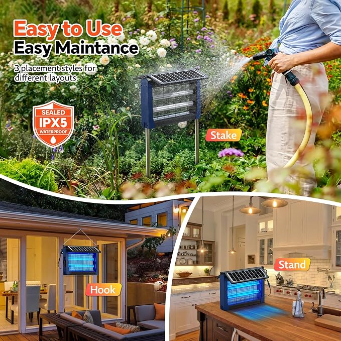 Solar Bug Zapper Outdoor, Dual Solar Panels, 4500V Waterproof Portable Mosquito Zappers, Cordless Fly Trap w/Auto Mode, Rechargeable Mosquitoes Insect Killer for Patio Yard Garden Camping (Blue)