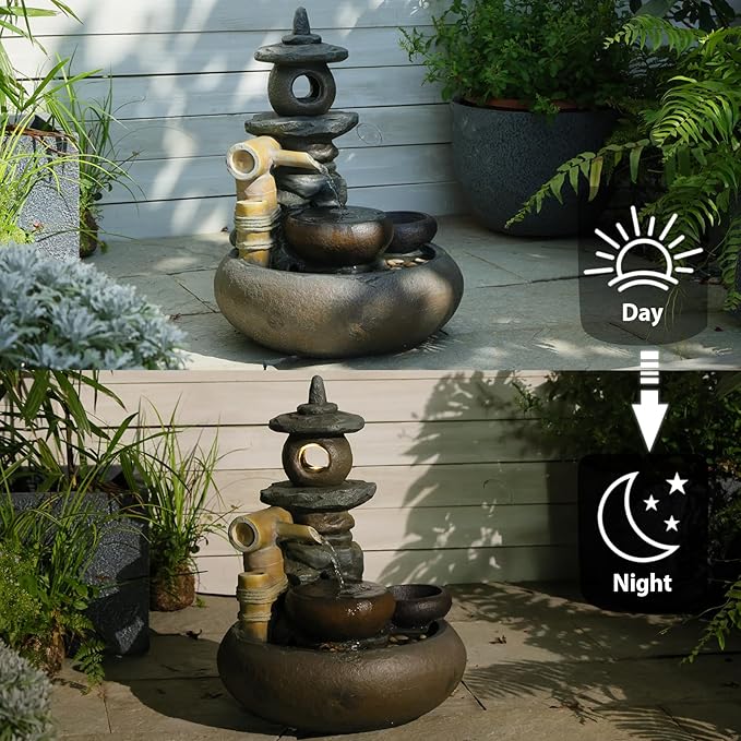 21" H Pagoda and Bamboo Outdoor&Indoor Outdoor Water Fountain, Natural Zen Decor Desian Outside Waterfall with LED Lights - Suitable for Garden/Patio/Yard/Deck/Balcony and Home Art Decor Resin