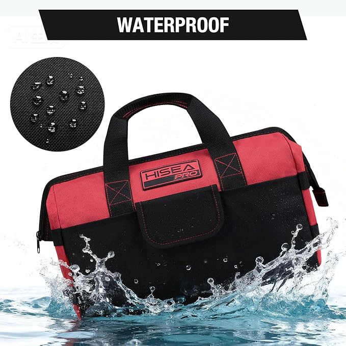 HISEA 3 Pack Heavy Duty Tool Bag with Storage Pockets, 16-Inch Tools Organizer Tote with Wide Base, Waterproof Durable Tool Bags with Zipper for Electrician, Tradesman (Red)