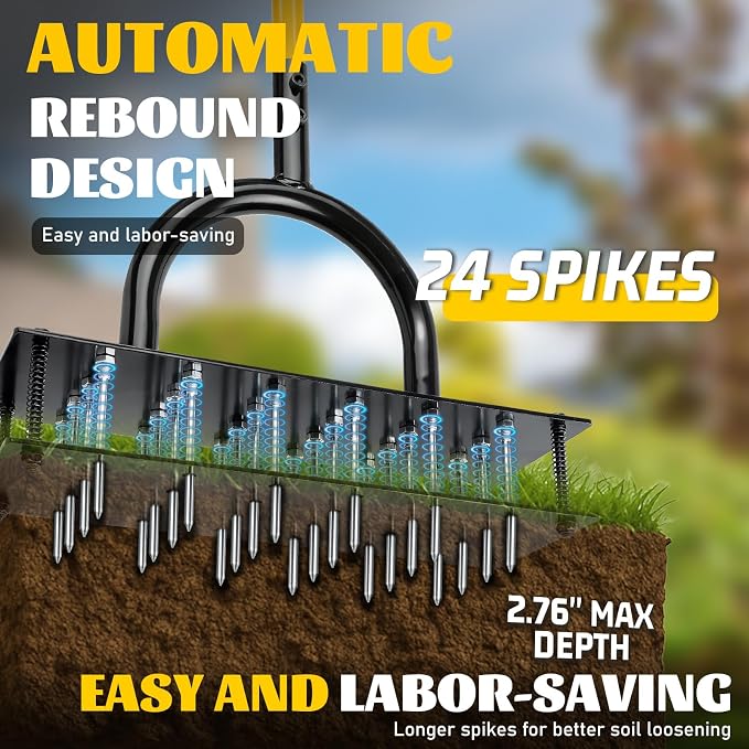 Lawn Aerator Tool with 24 Steel Spikes, Grass Aerator Lawn Tools with Spring-Loaded Design & Adjustable T-Handle, Pre-Assembled Hand Aerator Lawn Tool for Lawn, Courtyard and Garden