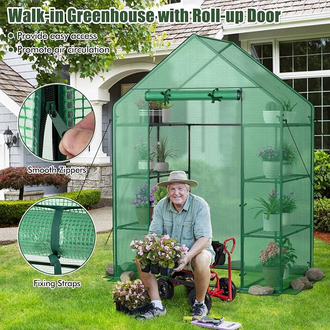 Giantex Walk-in Greenhouse, 4 Tier 8 Shelves, Portable Plant Garden House Indoor Outdoor Mini Growing House for Herb Flower Succulent, Zipped Door, Metal Frame, Patio Lawn Yard
