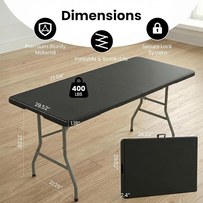 10 Pack of 6 Foot Foldable Table with Built in Handle & Steel Legs, 6FT Portable Heavy Duty Plastic Folding Tables for Parties, Dining, Wedding, Events, Picnic, Indoor & Outdoor, Camping, Utility