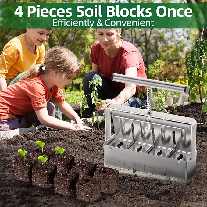 zukakii Soil Blocker 2 Inch 4 Cell Upgraded Soil Block Maker Heavy Duty with Comfortable Handle and 3 Sizes Seed Pins Handheld Soil Blocking Tool for Seed Starting transplanting Germination