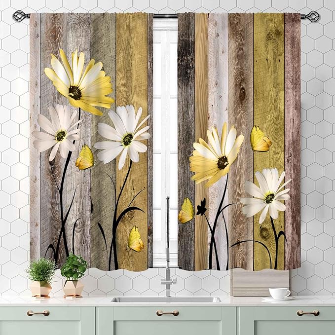 Farmhouse Daisy Curtains, Rustic Wooden Flower Retro Yellow White Floral Spring Butterfly Rural Country Style Small Short Window Curtains for Living Room Bedroom Kitchen Bathroom 2 Panels, 55x39 Inch