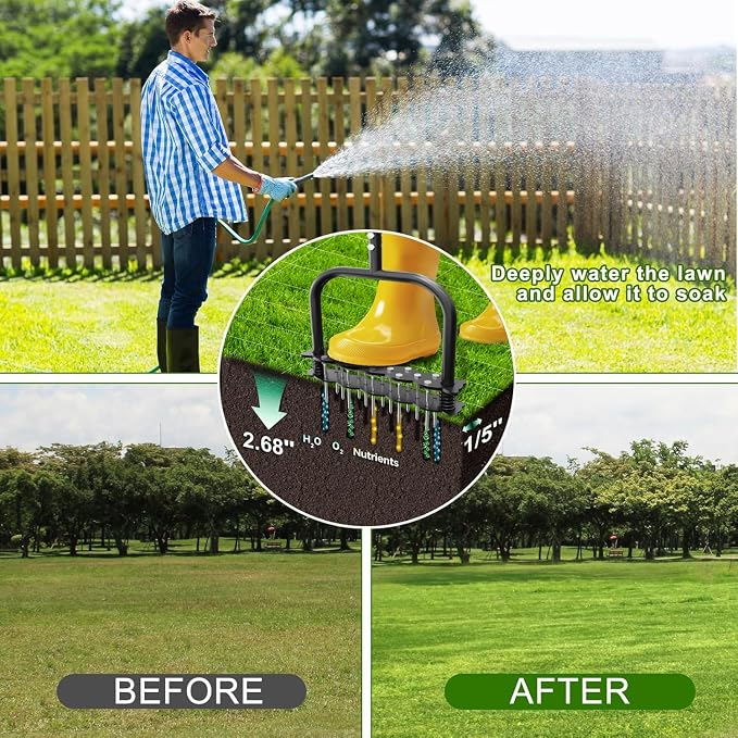 Lawn Aerator -Aerator Lawn Tool with 14 Iron Spikes, Automatic Dirt and Leaf Clean with Spring-Loaded Design, Height Adjustable Metal Manual Aerator, Soil Loosening, Yard Aerating, Garden Tool