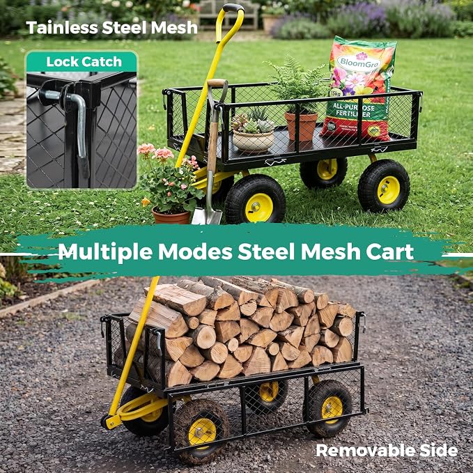 SUNNYFEEL Heavy Duty Garden Cart, 500 LBS Capacity Metal Mesh Utility Wagon with 10" Flat-Free Wheels, Removable Sides, 180 Adjustable Handle, All Terrain Yard Cart for Gardening, Firewood
