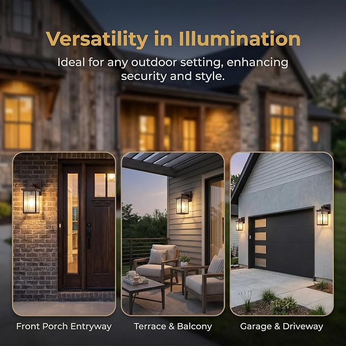 2 Pack Bronze Porch Light, Rust-Resistant Outdoor Wall Light | Corrosion-Resistant Metal, Waterproof, Textured Glass Cuts Glare, Easy DIY Install on Porch, Garage