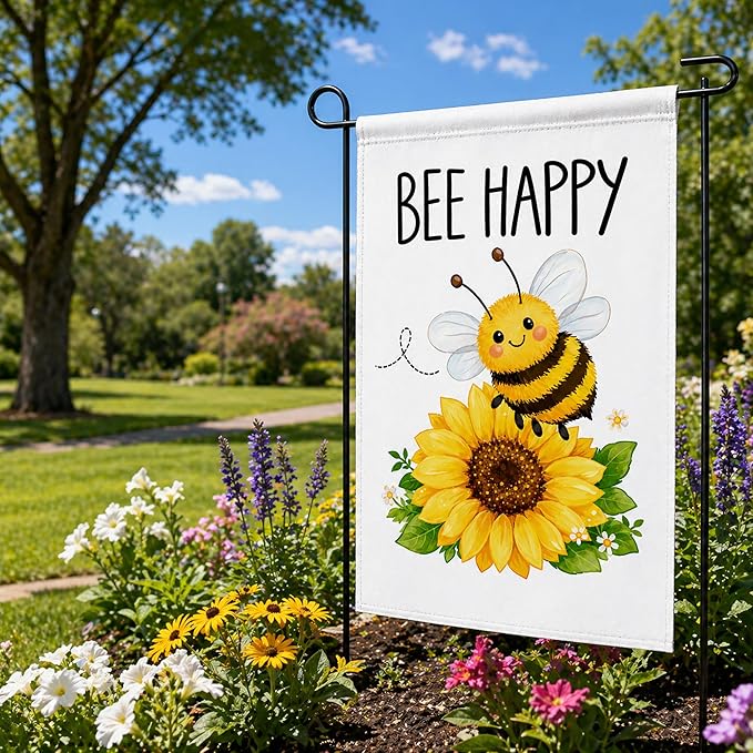 Summer Party Decorations - Bee Happy Summer Garden Flag | Double Sided Sunflower Welcome Yard Decor | Summer Party Accessories Backdrop Favors Supplies Decor for Garden Yard Porch Patio Lawn Outdoor Outside