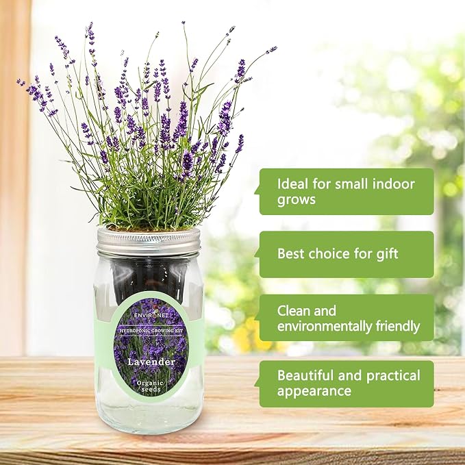 Hydroponic Herb Growing Kit, Self-Watering Mason Jar Herb Garden Starter Kit Indoor, Windowsill Herbs Garden, Grow Your Own Herbs from Organic Seeds (Lavender)