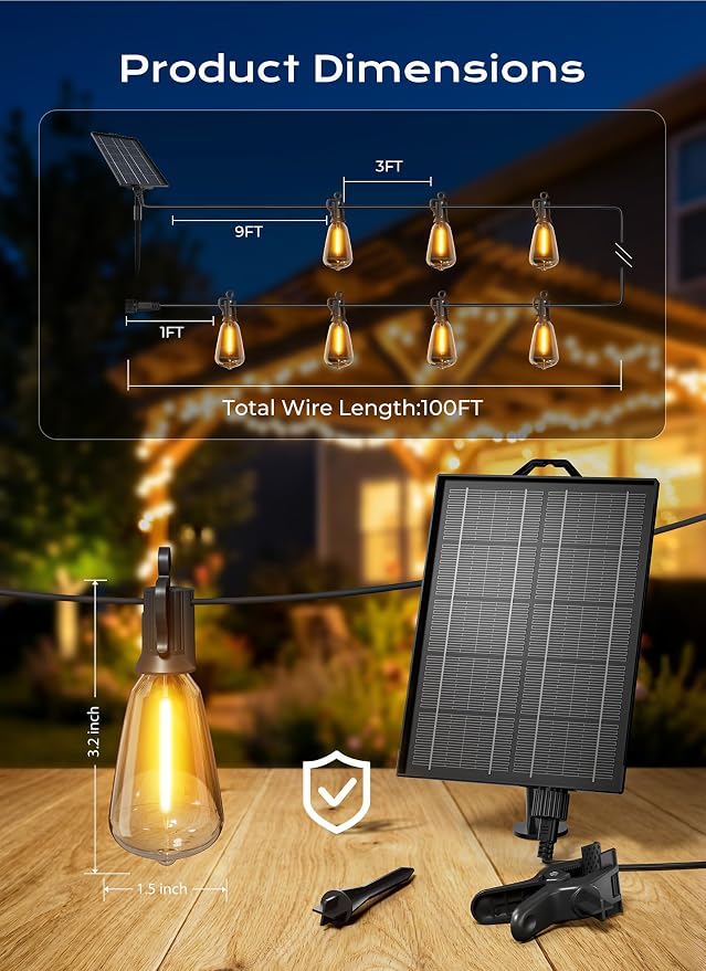 Brightown 100FT Solar String Lights Outdoor Waterproof, Patio Lights with Remote and 31+2 LED Shatterproof Bulbs, Dimmable & Timable, 3 Light Modes, Solar Lights Outdoor for Yard Camping Party Outside