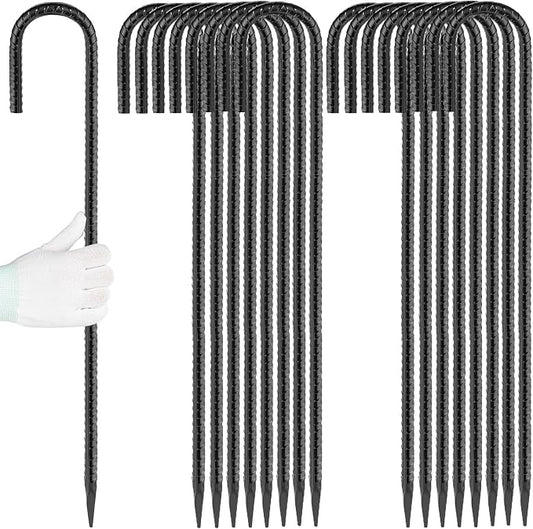 Homwin 18 inches J Hook Rebar Stakes(16 Pack) 3/8" Thick Ground Stakes Heavy Duty Fence Anchors Black, Extra Long Tent Stakes for Camping, Canopy, Trampoline, Garden Fence & Carport