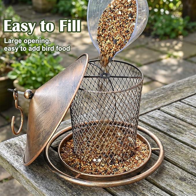 Bird Feeder, Weatherproof Wild Bird Feeders for Outdoors, Birds Feeding Station Metal Round Roof Birdfeeder for Garden Yard Outside Hanging Decor