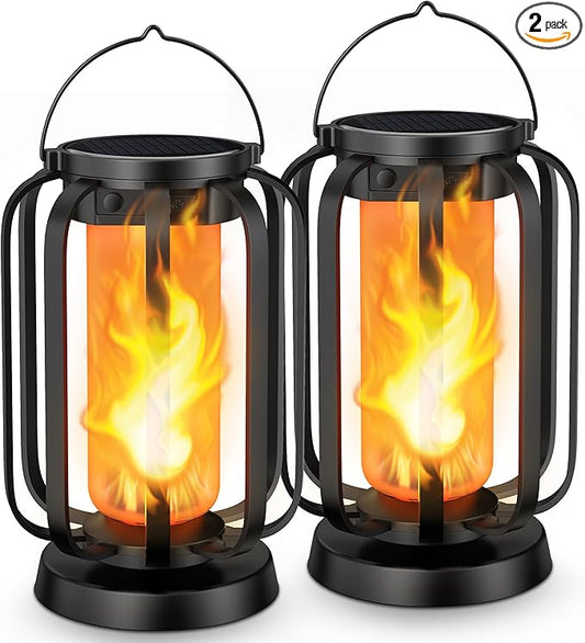 Hompavo Gen2 Solar Lanterns Outdoor Lights with Ultra-Real Flame, 2 Charging (USB/Solar) & 4 Modes - Waterproof Decorative Hanging/Table Lights for Pathway Yard Patio Garden Decor Gifts for Women, 2