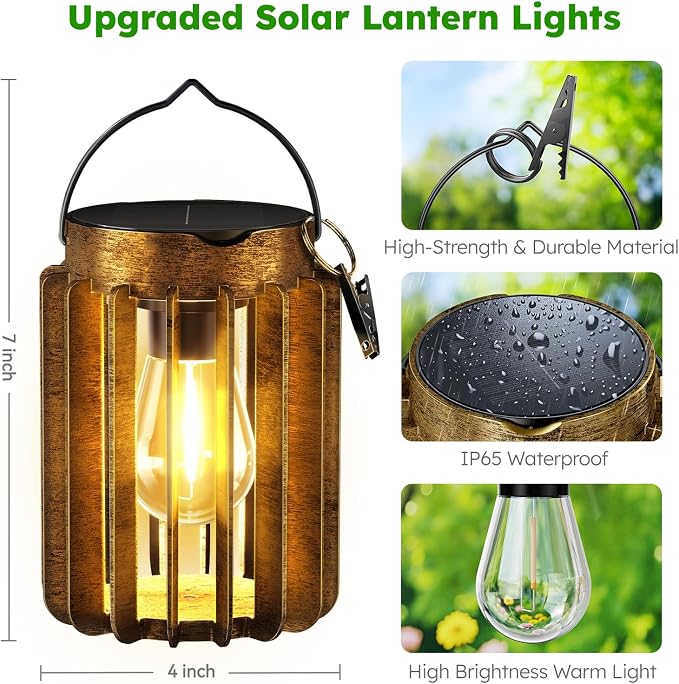 Ahaorigin Solar Lanterns Outdoor Waterproof, Brighter Up to 12 Hrs Outdoor Hanging Solar Lights, Outside Hanging Lanterns for Garden Porch Patio Yard Decor, Gifts for Women Mom Father 4 Pack
