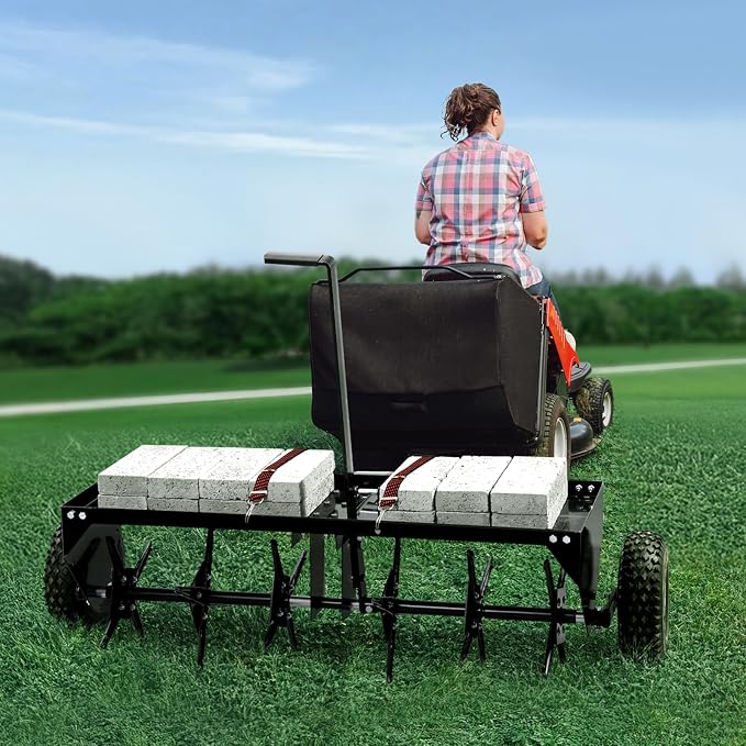 VEVOR Tow Behind Plug Aerator, 40-Inch Tow Behind Lawn Plug Aerator with Universal Hitch, Pull Behind Aerator with Iron Spikes Alternately Arranged, Lawn Aerator Tow Behind for Gardens, Lawns, Farms