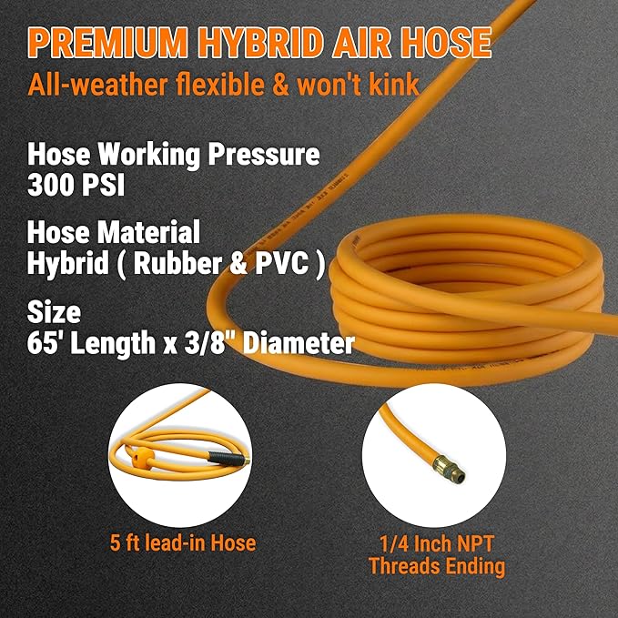 Retractable Air Hose Reel, 3/8" x 65FT Hybrid Air Hose, 300PSI Max, Auto-Rewind & Length-Lock, 1/4" NPT Fitting, Ceiling/Wall Mount Heavy Duty Dual Arm Steel Reel for Workshop/Garage