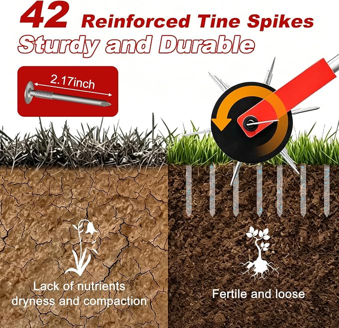 Rolling Lawn Aerator Tool Heavy Duty Manual Push Aerator Lawn Tool with 42 Spikes Lawn Aerator Spike Tool Soil Penetrator Push Lawn Aeration for Garden Yard Patio (Red)