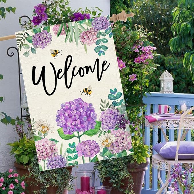 Baccessor Summer Hydrangea House Flag Double Sided 28x40 Inch, Purple Flower Floral Welcome House Flag Burlap Seasonal Farmhouse Yard Outdoor Decoration (Large)