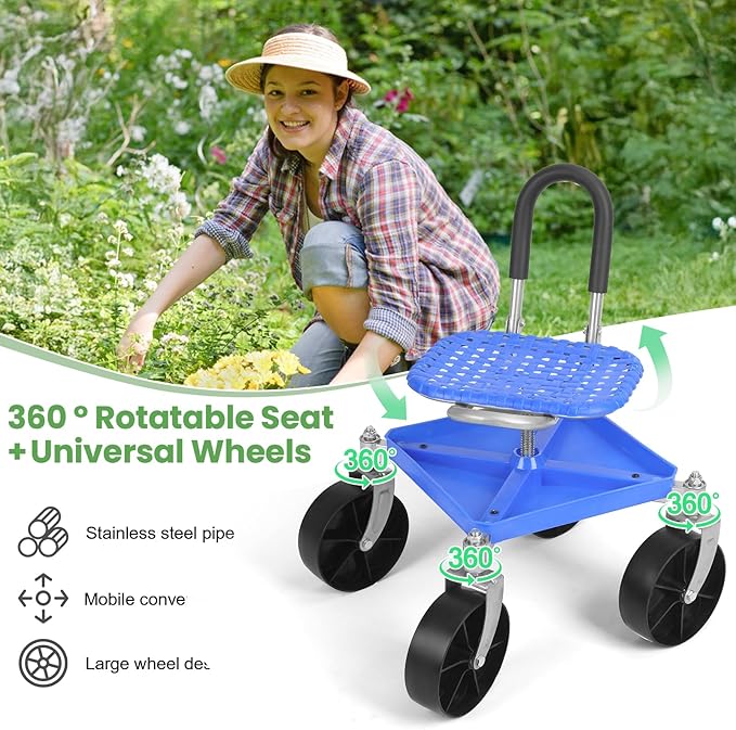 Garden Cart Rolling Stool with Four Wheels and Tool Bag, 360° Rotation Stable Workseat Sturdy Cart, Adjustable Seat Height & Direction, for Outdoor Lawn Yard Patio, Blue (Blue)
