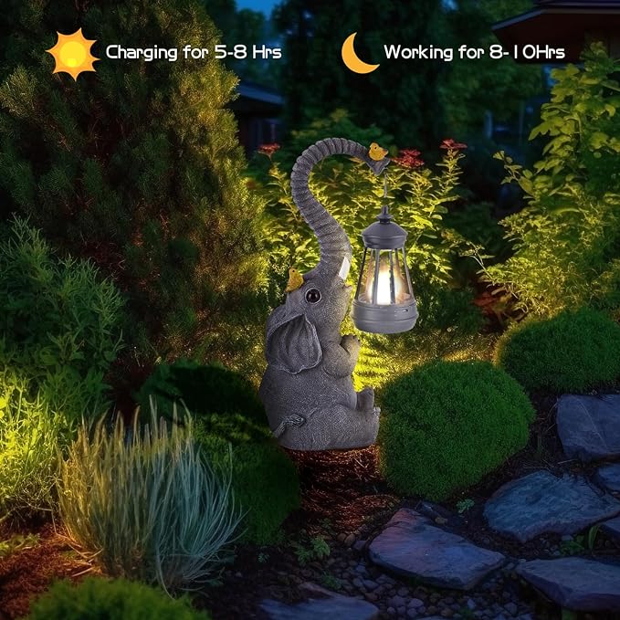 Solar Outdoor Garden Decor Elephant Statues Lights, Lucky Elephant Unique Mom Birthday Gifts for Mom, Housewarming Gifts and Yard Decoration, Cute Birds Garden Sculpture Decor