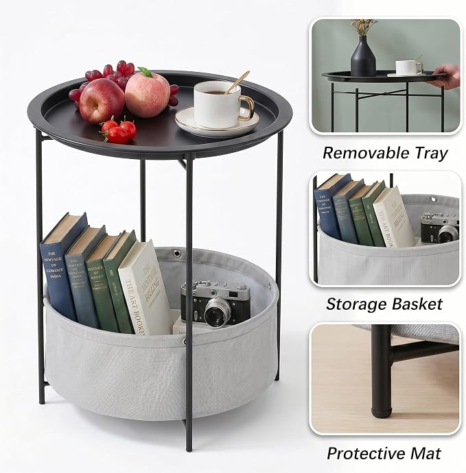 VECELO Round Side/End Table with Fabric Storage Basket，Metal Anti-Rust and Waterproof Small Bedside Nightstand with Removable Tray Top for Living Room，Balcony & Laundry，Black /1pcs with Basket