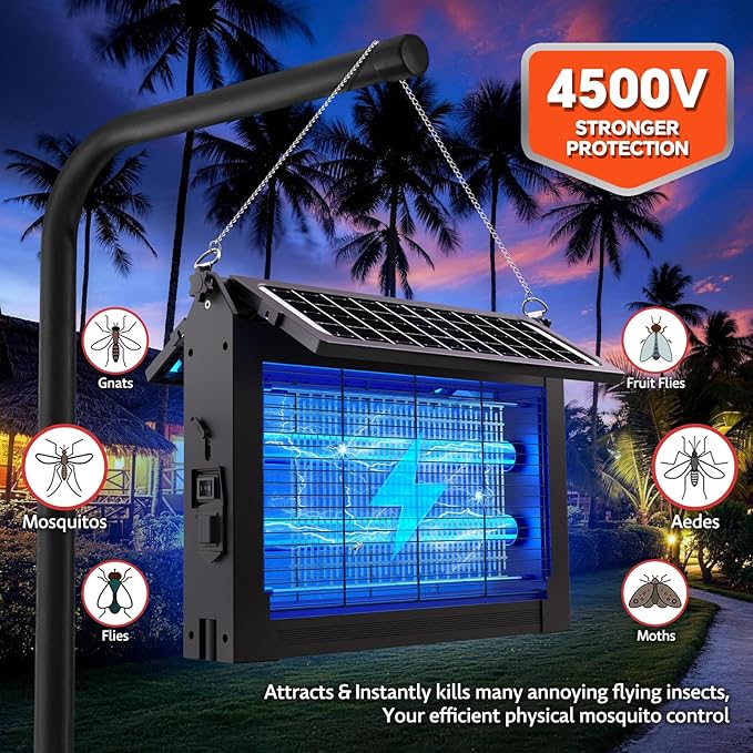 Solar Bug Zapper Outdoor, Dual Solar Panels, 4500V Waterproof Portable Mosquito Zappers, Cordless Fly Trap w/Auto Mode, Rechargeable Mosquitoes Insect Killer for Patio Yard Garden Camping Pool Garage