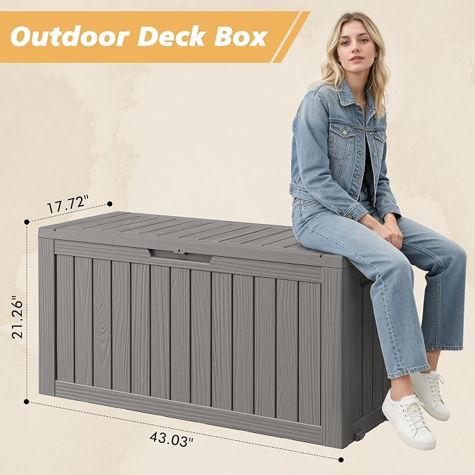 Fancyango 75 Gallon Outdoor Deck Box Waterproof, Large Storage Box for Patio, Resin Storage Bench Lockable for Garden Tools, Package Delivery, Grey