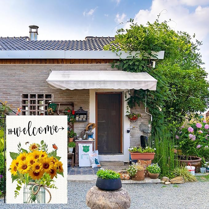 Summer Garden Flag Yellow Sunflower Mason Jar Double Sided 12x18 Inches Bee Welcome Small Yard Flag Burlap Welcome Yard Decoration for Outside Porch