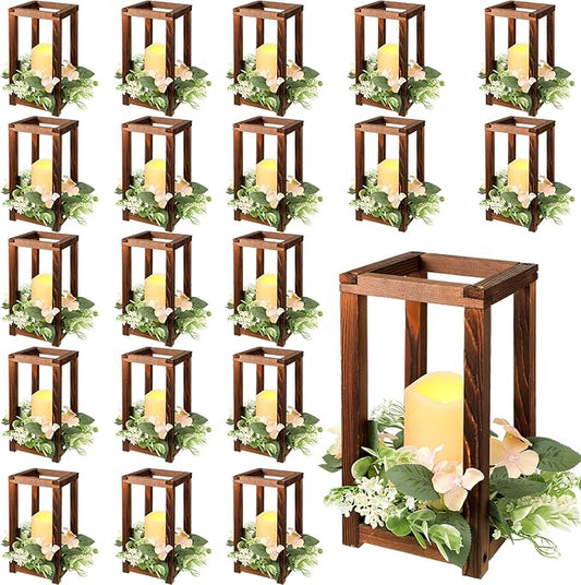 Hushee 60 Pcs Wooden Wedding Lantern Centerpiece Integrated Holders with Candles and Wreaths Rustic Wooden Candle Lantern Decor for Wedding Party Table Valentine Decor (Brown)
