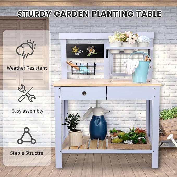 Potting Bench Outdoor Potting Table—Outdoor Kitchen for Kids, Solid Wood Garden Work Station with Sink、Drawer、Hooks、3Flower Pots, Weather Proof