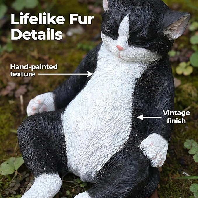 Cat Statue Outdoor Cat Figurines Garden Decor, Black & White Cat Statue Figurine Decor Sculpture for Patio, Yard, Resting Tuxedo Cat Statues for Indoor Table Accessory, Gift for Mom & Cat Lovers