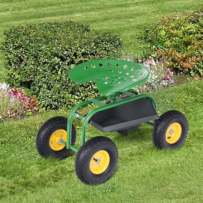 S AFSTAR Rolling Garden Seat, Outdoor Lawn Yard Patio Work Seat with Heavy Duty Wheels, Swivel Seat, Tool Tray & Basket, Garden Cart Wagon Scooter (Green)