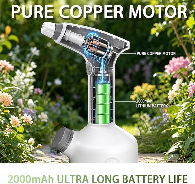 Cordless Electric Sprayer - 1L Rechargeable Spray Bottle with Dual Modes, Lightweight for Cleaning, Watering, and Disinfecting, Ergonomic Design, Adjustable Nozzle, 1500mAh Battery