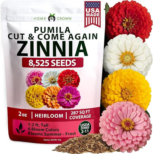 HOME GROWN Dwarf Zinnia Seeds Mix - 8525 Pumila Zinnia Seeds for 2026 (2oz) | Zinnia Flower Seeds for Planting Outdoors | Colorful Cut Annual Flowers for Summer Gardens & Containers (Zinnia elegans)