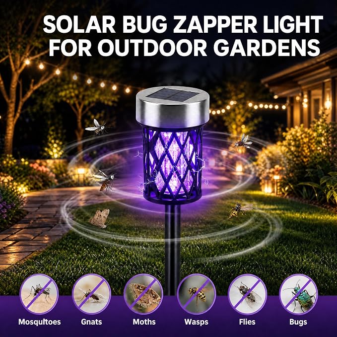 2026 Solar Bug Zapper Outdoor Waterproof Mosquito Repellent Outdoor Patio Mosquito Trap & Killer for Garden Farm Backyard Solar Powered Fly Zapper for Small Flying Insect, Gnats, Flies, Moths (4)