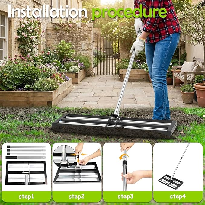 SporGain Lawn Leveling Rake 30"x10", Lawn Leveler with Aluminum Rollers, Yard Leveling Rake Stainless Steel with 27-80" Adjustable Handle, Heavy-Duty Ground Leveler Suit for Garden, Golf Lawn, Farm