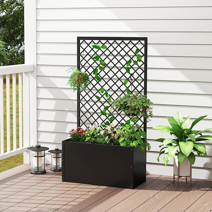 kinbor Planter with Trellis - Metal Planter Boxes Outdoor, Raised Garden Bed with Lattice Trellis for Climbing Plants, Black Flower Boxes Outdoor