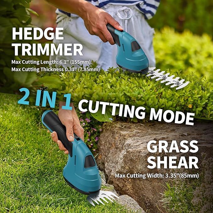 FULLYEA Hedge Trimmer Cordless Grass Shear, 2 in 1 Handheld Small Bush Trimmer,2.0Ah Battery & Type-C Cable Included, Lightweight Electric Hedge Trimmer for Garden Yard Lawn(Blue)