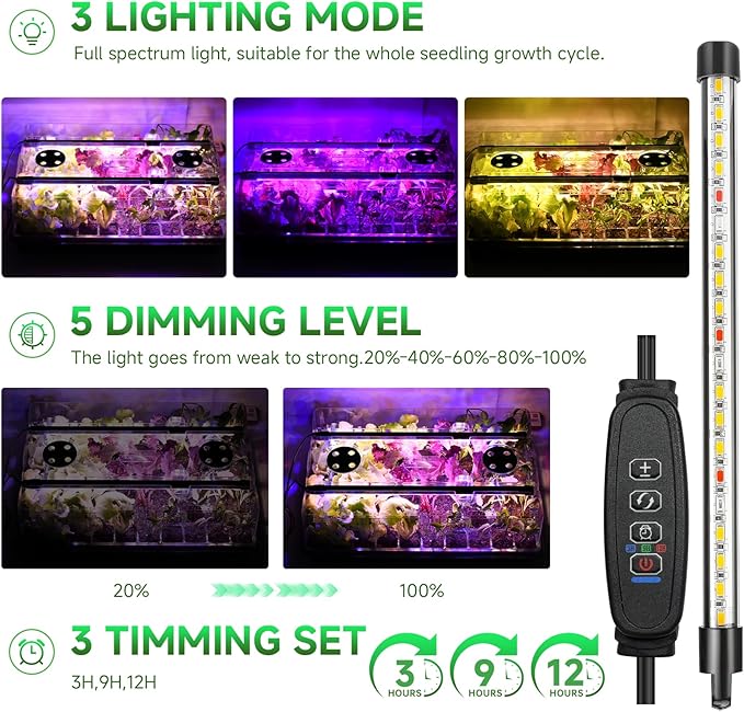 Adawook Self-Watering Seed Starter Tray with Grow Lights, 60 Cells Seed Starter Kit, Full Spectrum Grow Light for Seed Starting, Timing Set, Germination Tray Grow Kits with High Humidity Domes