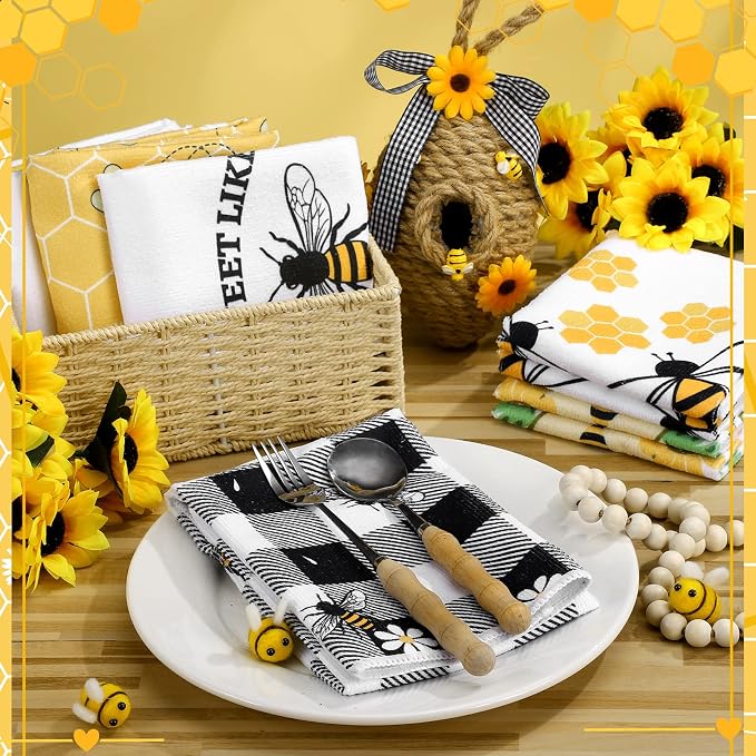 Oudain 6 Pcs Bee Kitchen Towels Honey Bee Kitchen Decor 15.8 x 23.6 Inches Dish Hand Tea Towels for Bathroom Home Housewarming Gifts
